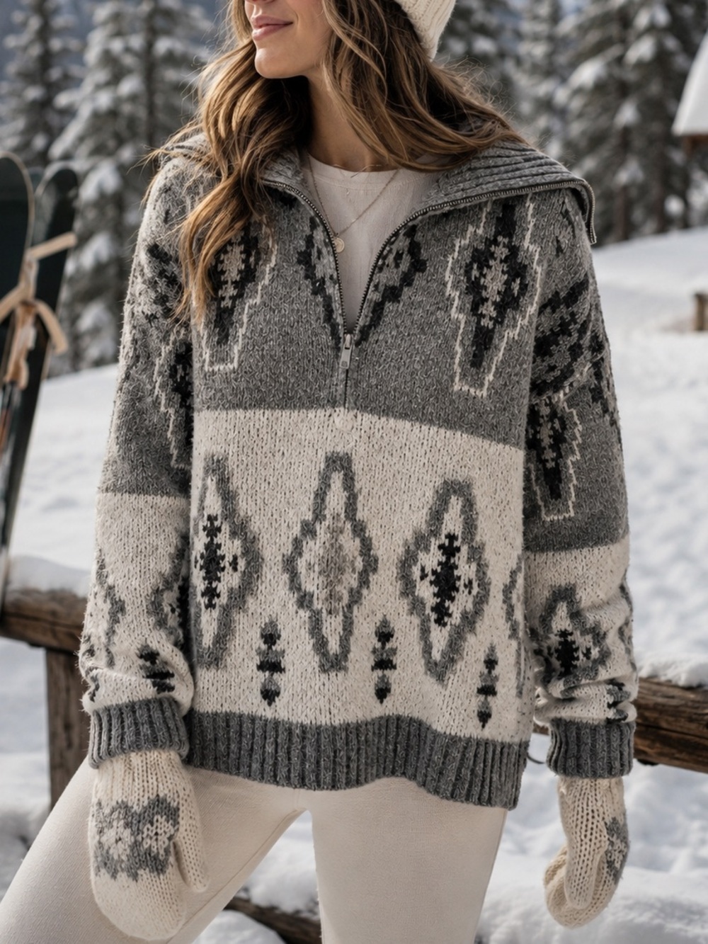 Wild Skye Gray & Cream Nordic Print Quarter Zip Sweater – Size M